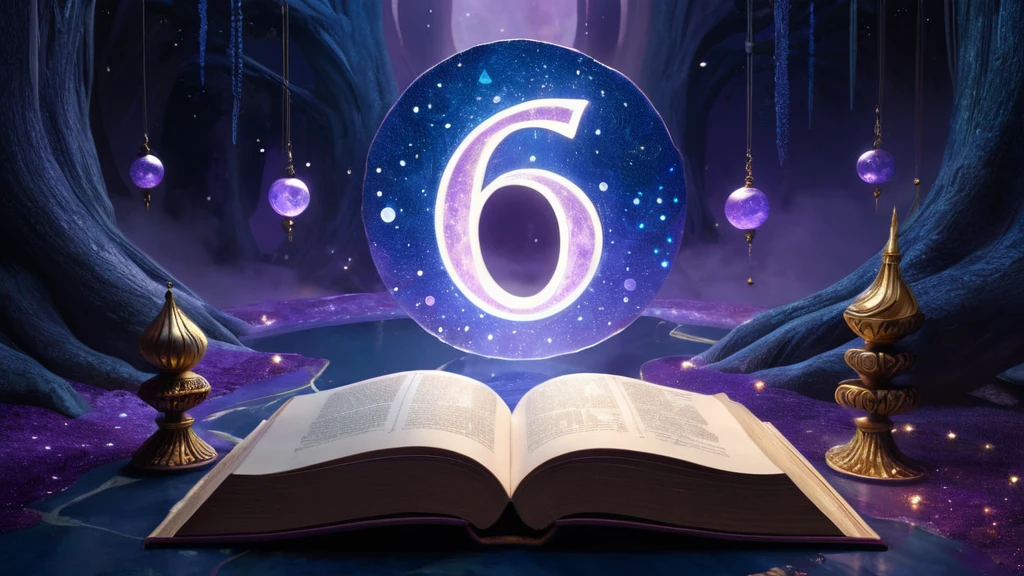 6-os szám álomban mit jelent? Egy nyitott könyv és egy ragyogó 6-os szám egy varázslatos környezetben.