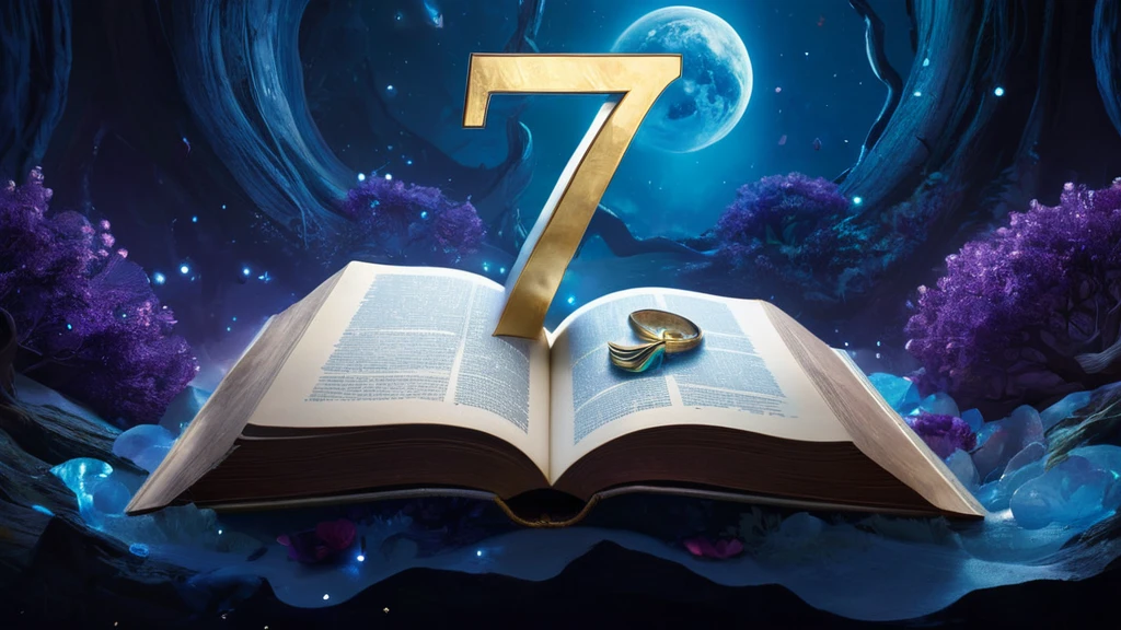 7-es szám álomban mit jelent? Egy nyitott könyv, amelyen a 7-es szám látható, misztikus háttérrel.