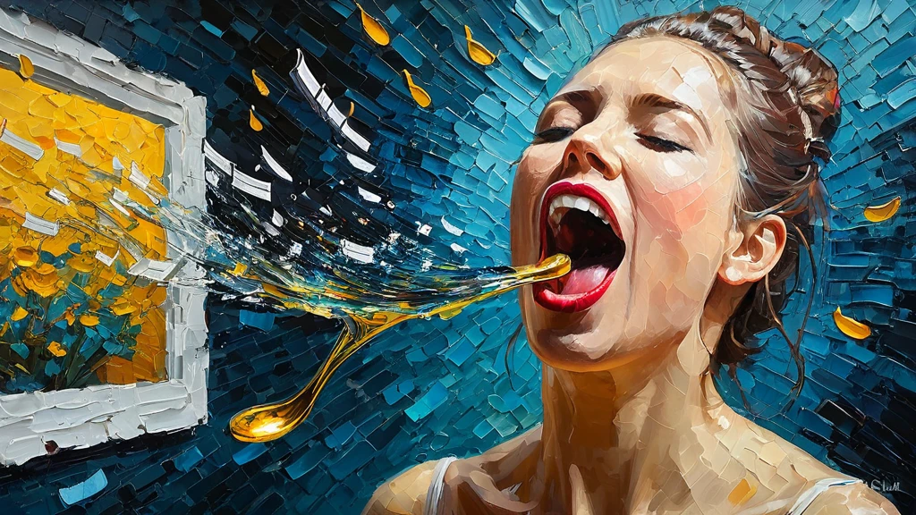 Egy nő nyitott szájjal, mintha hangot próbálna kiadni, de víz és zene szimbolizálja a hang elvesztését.