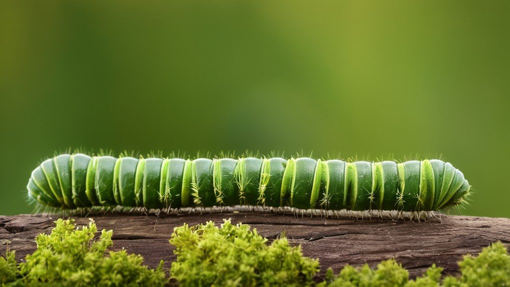 Egy zöld hernyó fekszik egy fán, körülötte zöld moha.