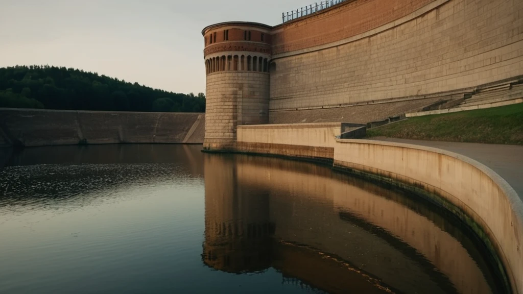 Egy víztározó partja, amelyen a víz tükröződik a naplementében.