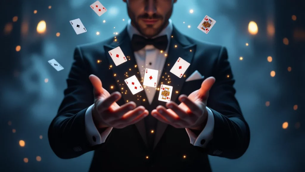 Bűvésztrükkről álmodni mit jelent Egy bűvész elegáns öltönyben, kezében lebegő kártyákkal varázsol.