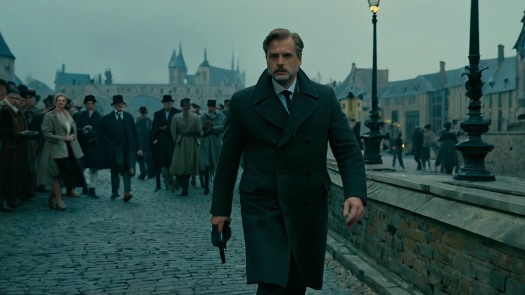 Egy detektív sétál egy köves utcán, háttérben emberek és épületek láthatók.