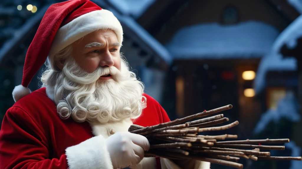 Mikulás, aki virgácsokat tart a kezében, hóval borított háttérben.