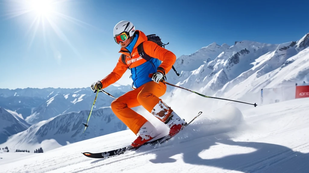 Síelő a hegyekben, napsütésben, a szabadság érzésével.