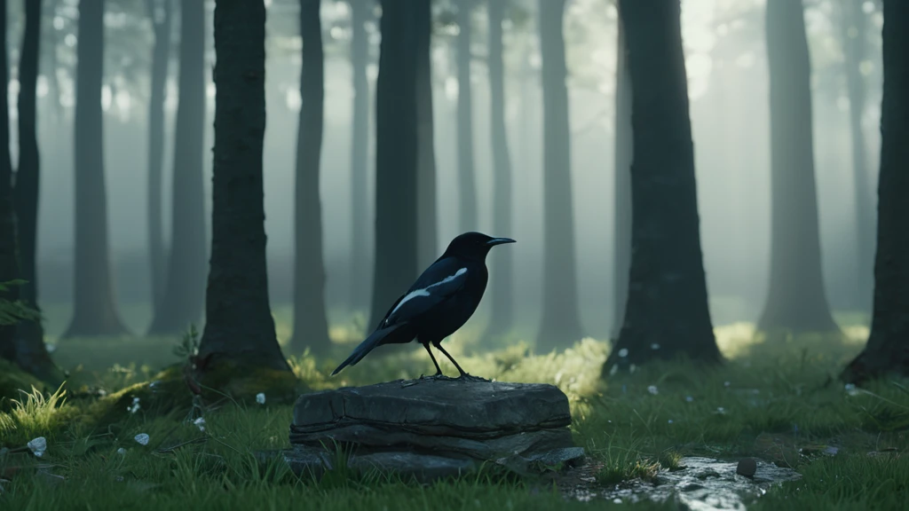 Egy szarka áll egy sziklára, körülötte ködös erdő fáival.