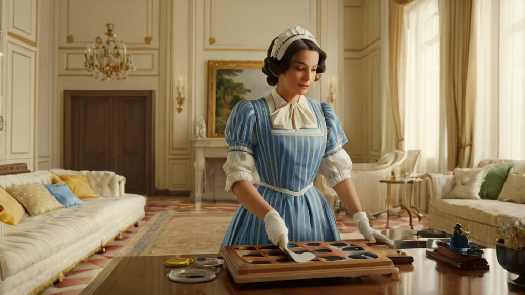 Egy takarítónő elegáns ruhában, rendet rak egy tágas, világos szobában.