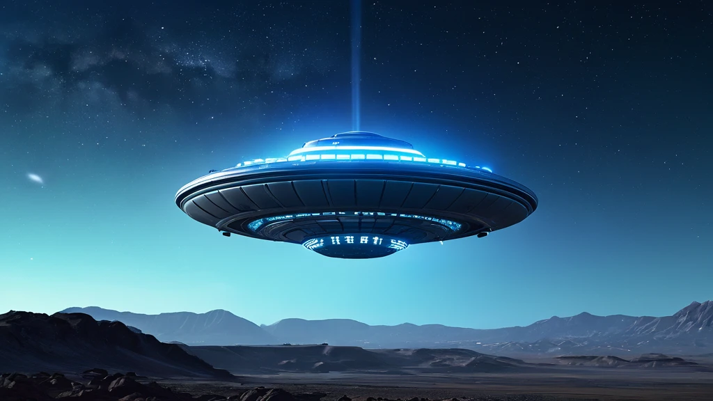 Egy UFO lebeg a sötét ég alatt, fénysugarat bocsátva ki.