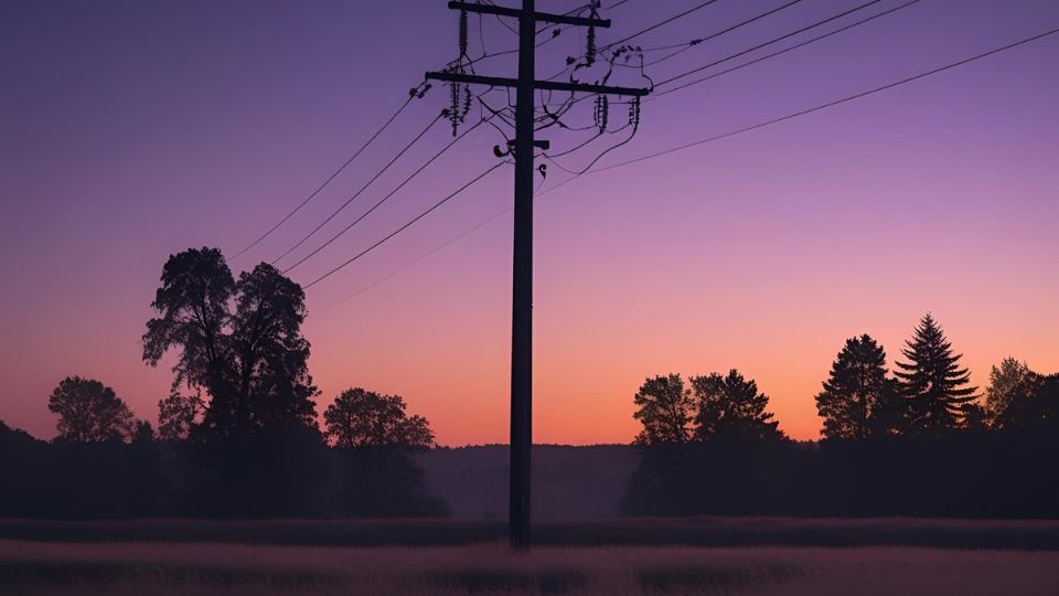 Egy villanyoszlop áll a naplementében, körülötte fák és mező.