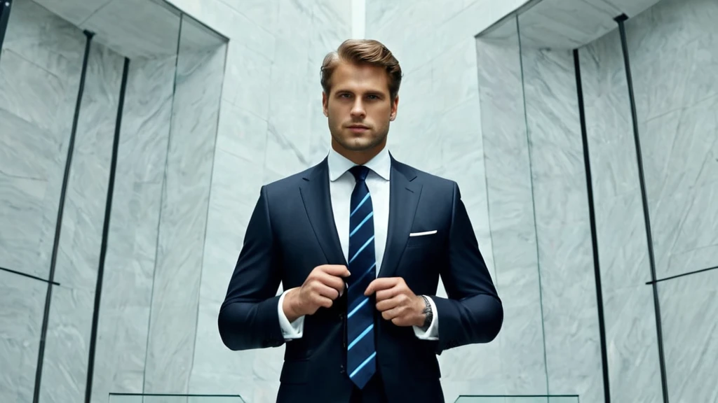 Egy férfi elegáns öltönyben, nyakkendőt igazítva egy modern környezetben.