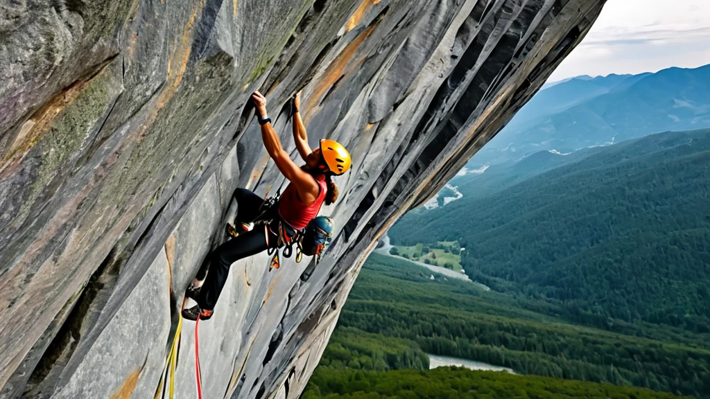 Egy mászó, aki egy meredek sziklafalon halad felfelé, gyönyörű tájjal a háttérben.