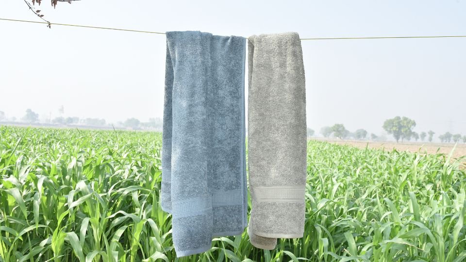 Két színes törölköző lóg egy zöld mező felett, a tisztaság szimbólumaként.