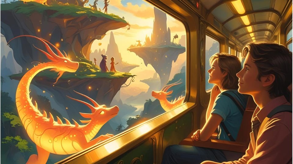 Két gyermek néz ki a vonat ablakán, ahol egy sárkány és varázslatos táj látható.