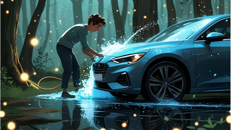 Autót mosni álomban - jelentés és értelmezés Egy fiatal férfi autót mos a fák között, vízpermettel a levegőben.