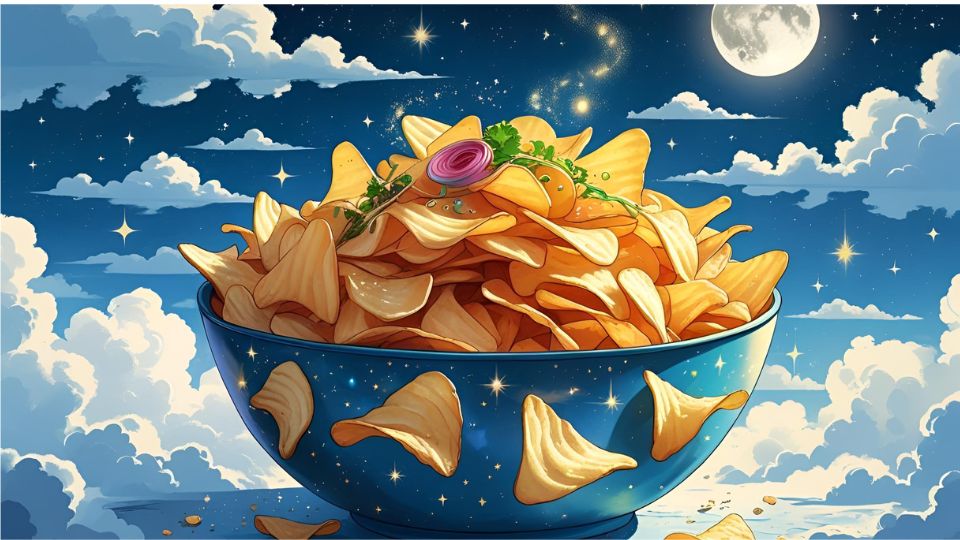 Egy tál ropogós chips, csillagos égbolt és telihold háttérrel.