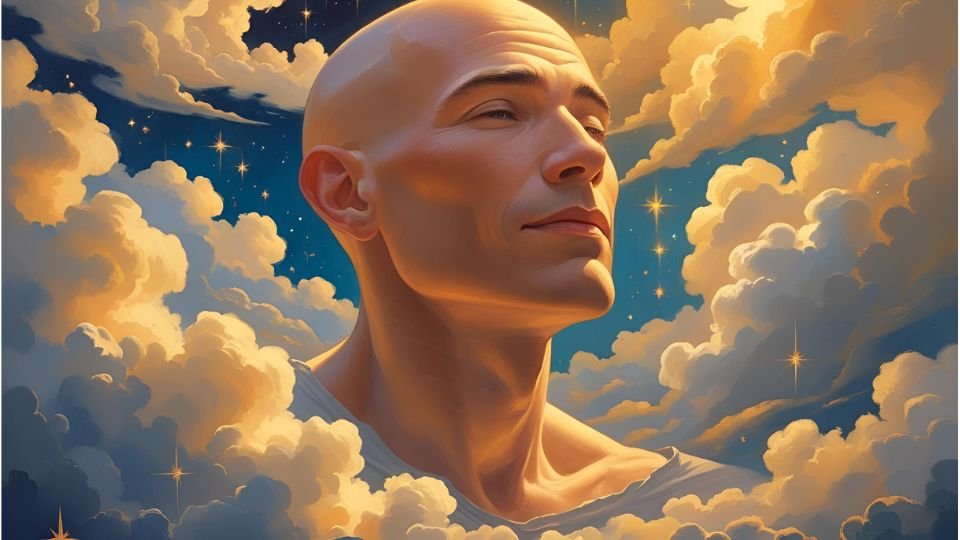 Egy kopasz férfi arca, aki békésen néz az ég felé, felhők között.