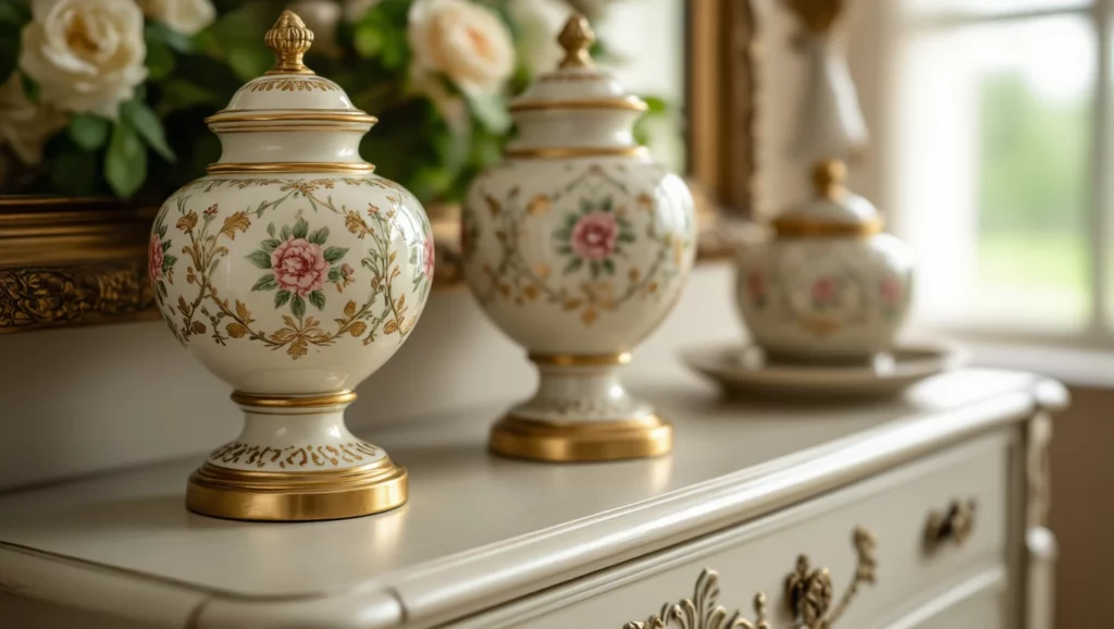 Három díszes porcelán edény virágmintával, arany díszítéssel.