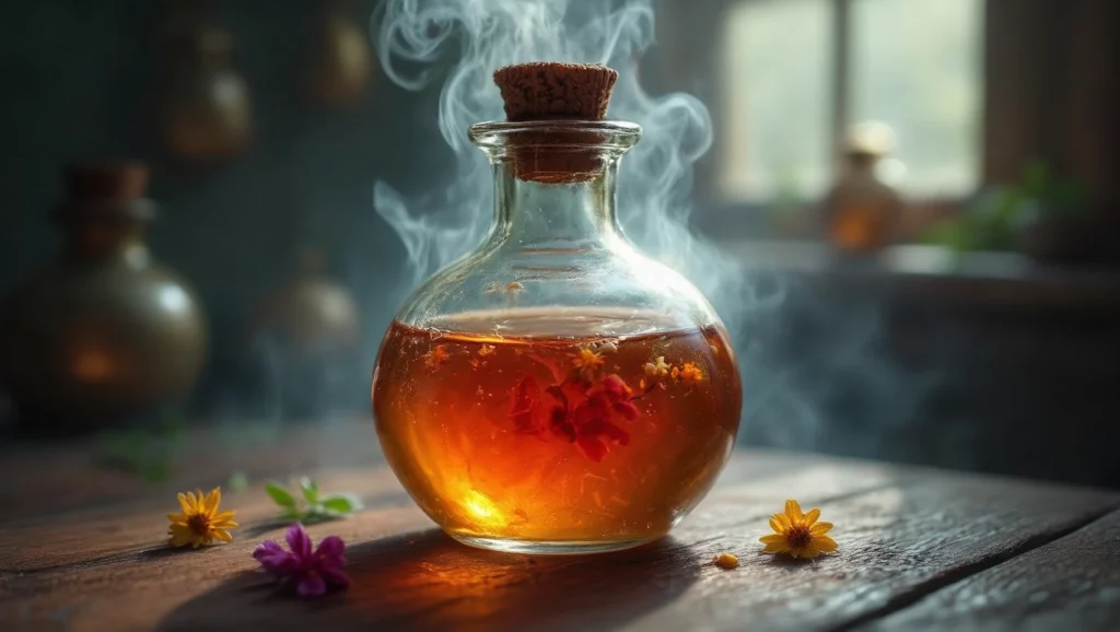 Egy üveg főzet, amelyből füst száll fel, virágokkal díszítve.