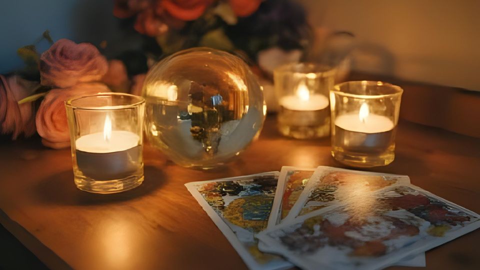 2025 Augusztusi horoszkóp Gyertyák és tarot kártyák egy asztalon, kristálygömb mellett, álomfejtéshez.