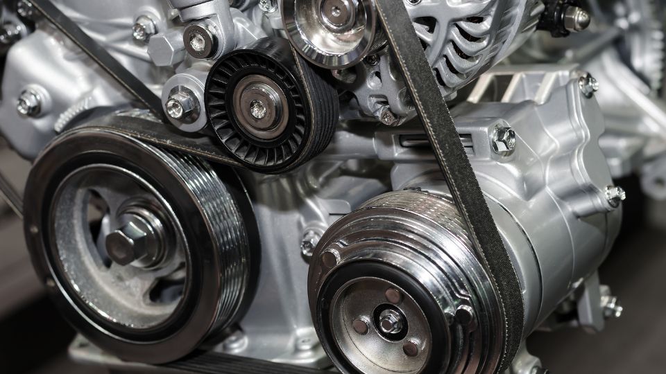 Mit jelent az ékszíj az álomban? Egy autó motorjának részlete, ékszíjjal és fogaskerekekkel.