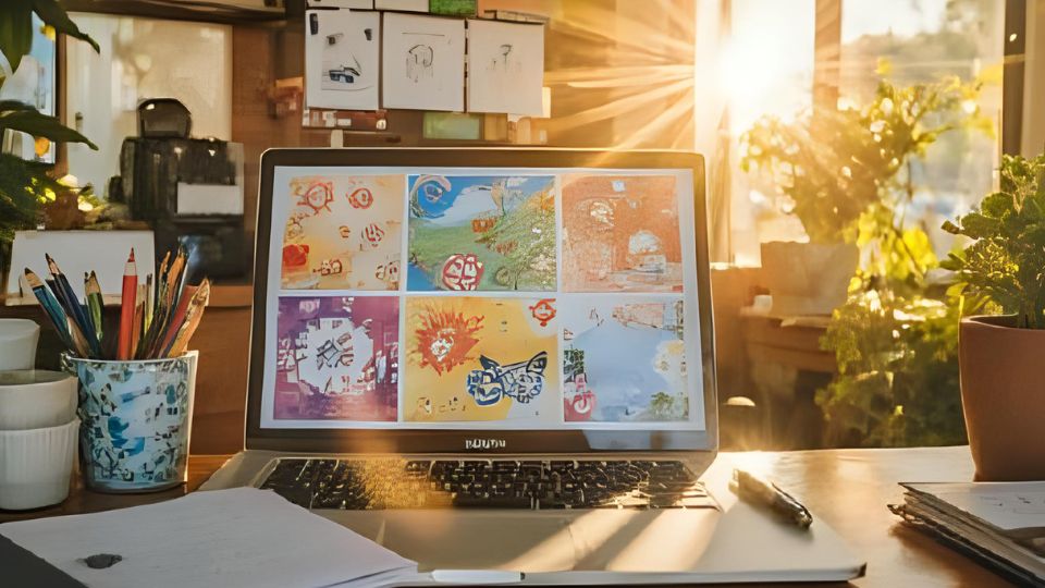 Egy laptop képernyőjén színes grafikák láthatók, napfényben.
