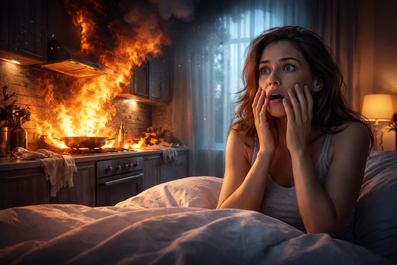 Nő rémült arccal a lángoló konyha előtt, álom szimbólum.
