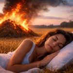 Fiatal nő alszik egy mezőn, háttérben égő szénakazal.