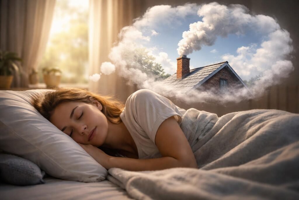Füstölgő kéményről álmodozó nő, mellette álomgondolatok.