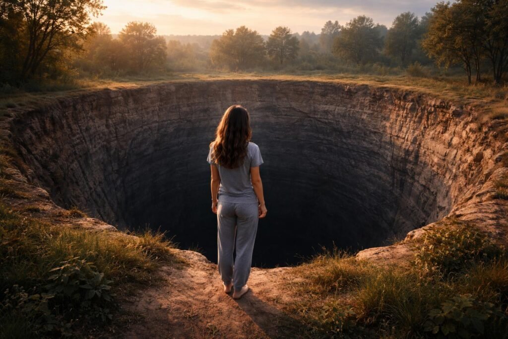 Mit jelent hatalmas gödörrel álmodni? Nő áll egy hatalmas gödör szélén, naplementében.