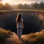 Nő áll egy hatalmas gödör szélén, naplementében.