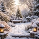 Havas kert tavaszi fényben, békés lelkivilágot szimbolizál.