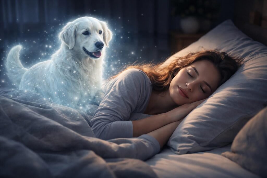 Nő álmodik egy kutya szellemével a hálószobában