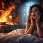 Nő rémült arccal a lángoló konyha előtt, álom szimbólum.