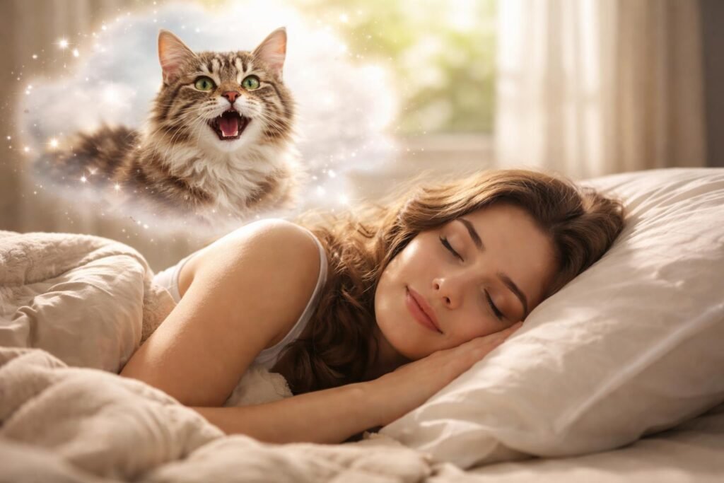 Mit jelent nyávogásról álmodni? Fiatal nő alszik, álmaiban macskával