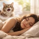 Fiatal nő alszik, álmaiban macskával