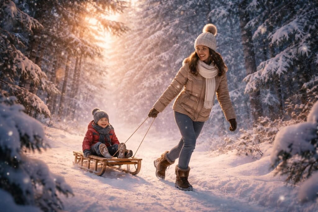 Anyuka húzza a szánkót egy boldog kisfiúval téli erdőben.