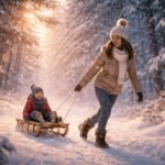 Anyuka húzza a szánkót egy boldog kisfiúval téli erdőben.