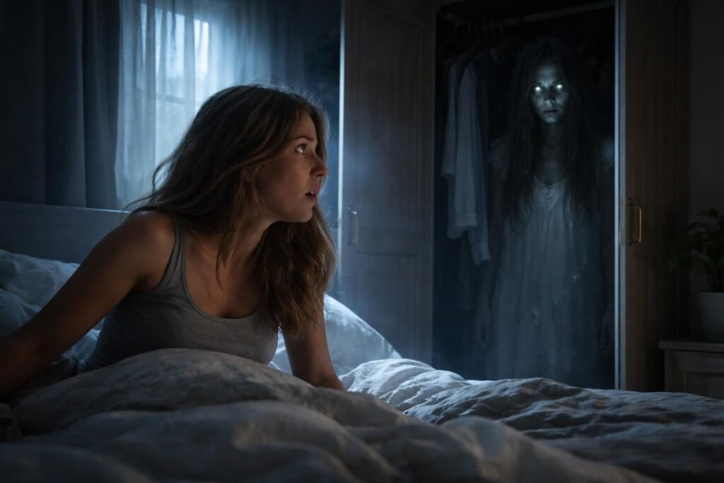Mit jelent szellemről a szekrényben álmodni? Szekrényből előugró szellem és egy megijedt nő álom jelenete.