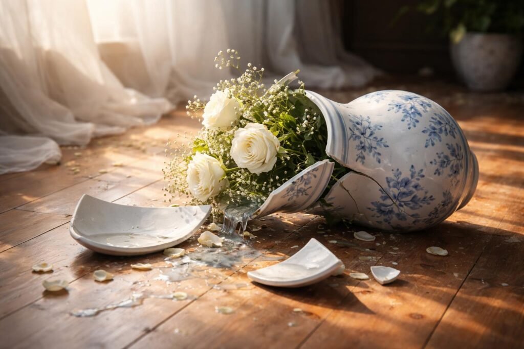 Törött vázában fehér rózsák virágokkal, kék mintával, az álmok jelentése.