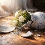 Törött vázában fehér rózsák virágokkal, kék mintával, az álmok jelentése.