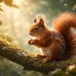 Vörös mókus, amely egy fán ül és diót tart a mancsában