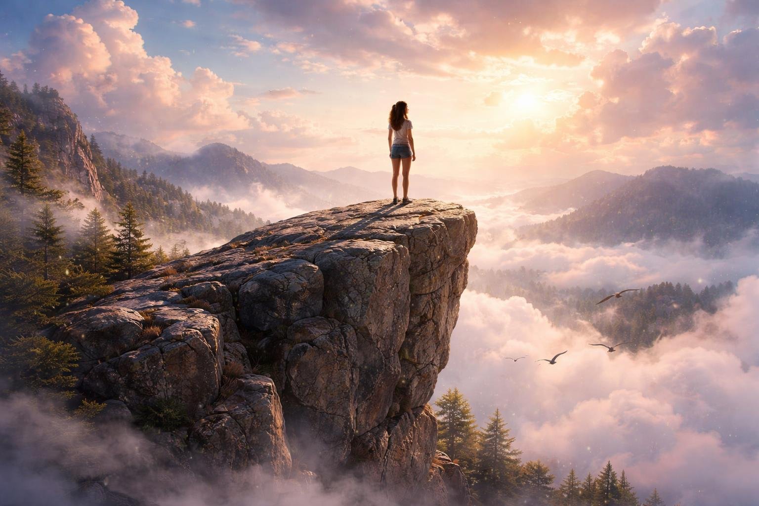 Nő egy hatalmas sziklán, a naplementében, erdőkkel és felhőkkel körülvéve.