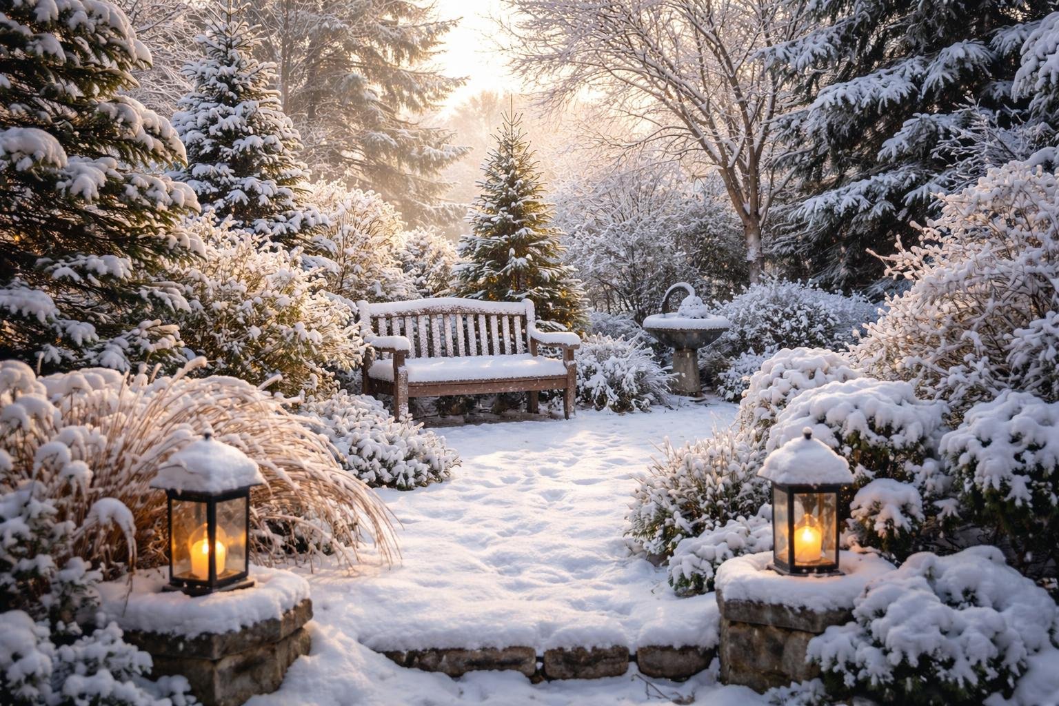 Havas kert tavaszi fényben, békés lelkivilágot szimbolizál.