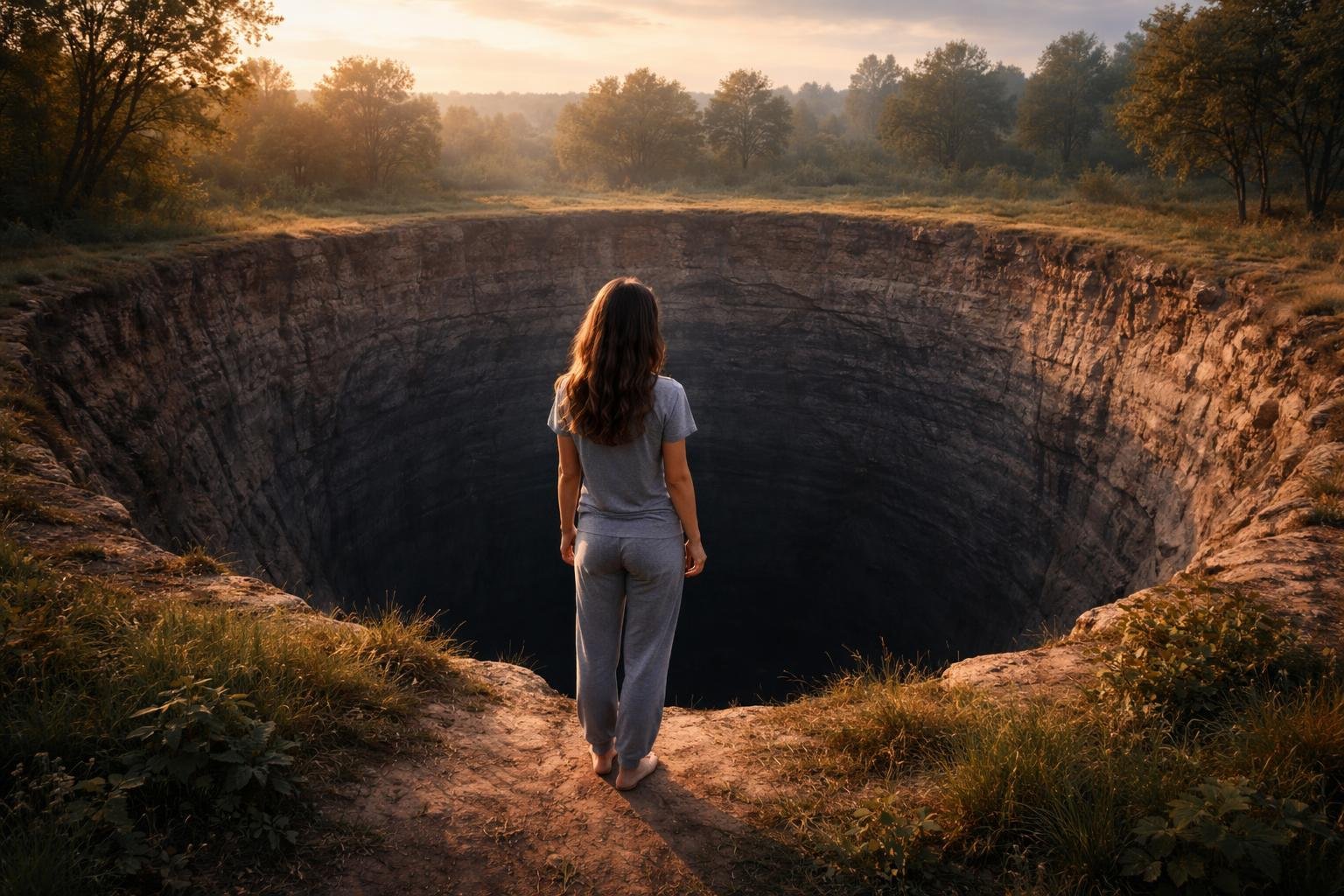 Nő áll egy hatalmas gödör szélén, naplementében.