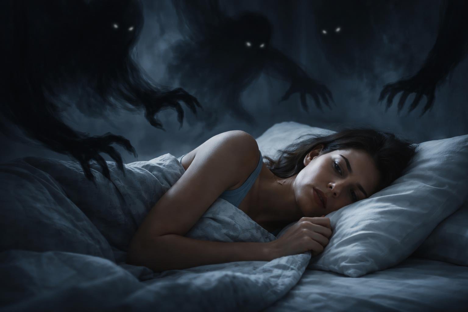 Nő sötét árnyékokkal álmodik az ágyban, küzdő arccal.