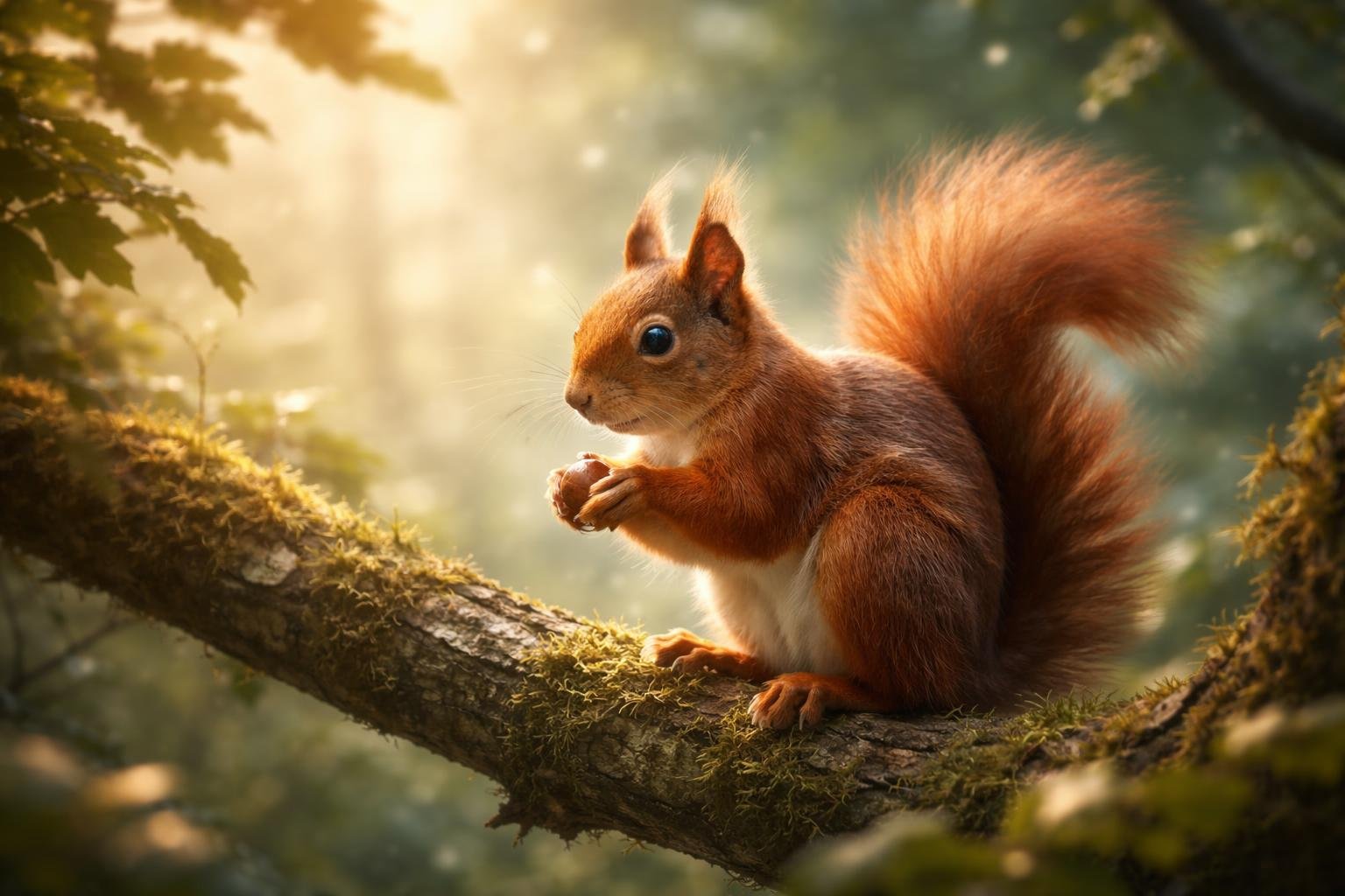 Vörös mókus, amely egy fán ül és diót tart a mancsában